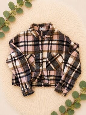 Plaid Button-Up Shacket in Pink, Brown & Cream